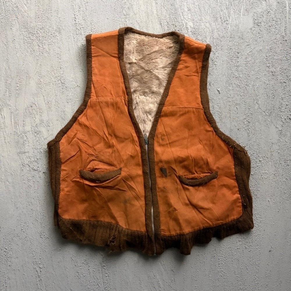 Vintage Hunting Vest Medium Orange 60s Faux Fur Lined Knit Trim Zip